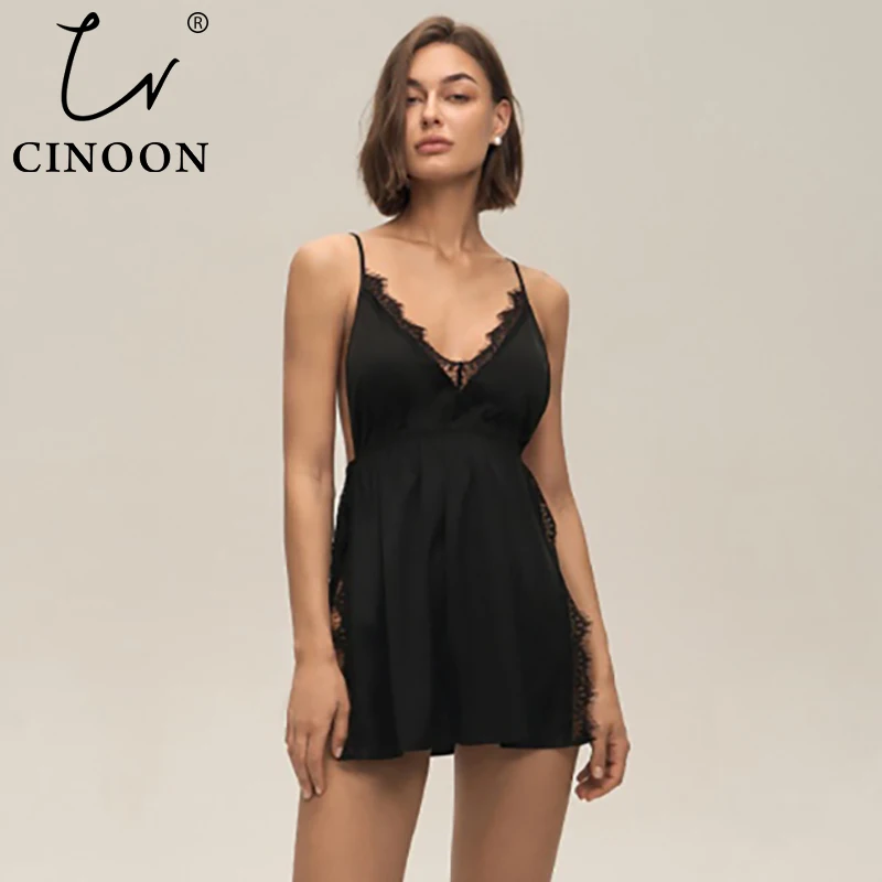 CINOON Women's Sexy Lace Trim Satin Nightgown Deep V-Neck Side Slit Nightdress Spaghetti Strap Lingerie Soft Black Sleep Dress