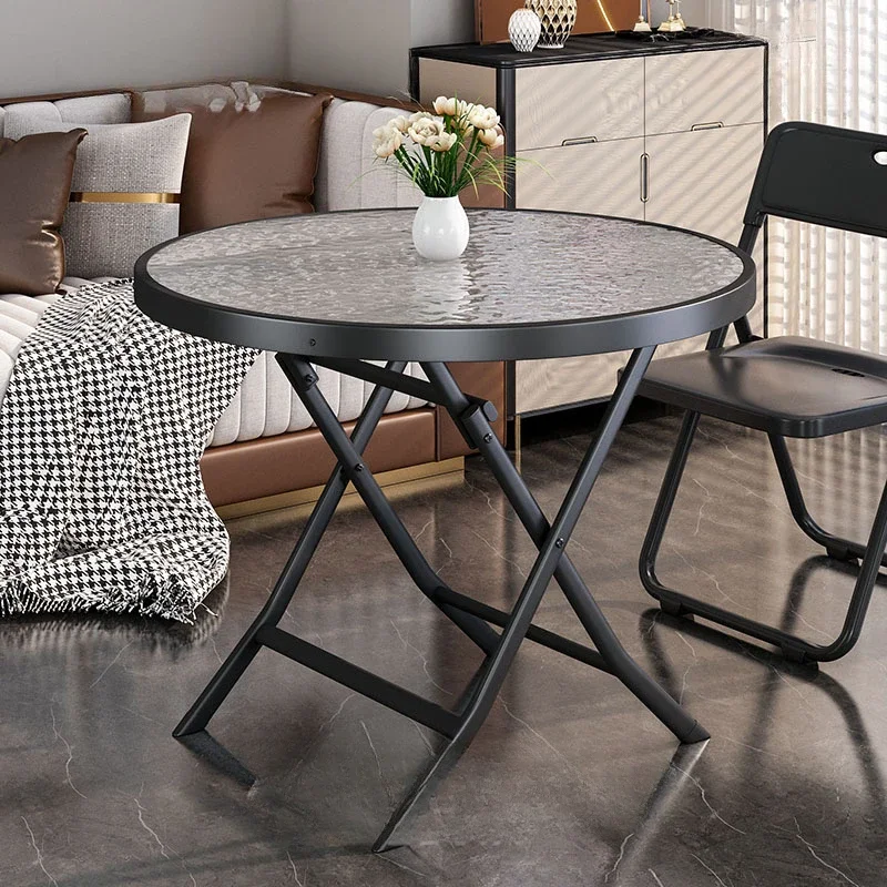 Folding table Water corrugated tempered glass dining table Small apartment household dining table Imitation stone square table.