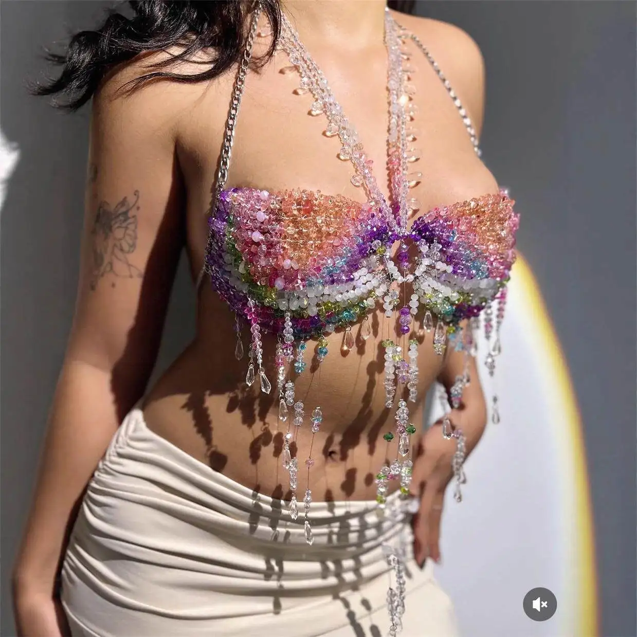 

Handmade Multi-Layer Beaded Necklace Sexy Crop Top Vest Cross-Border Hollow out Design for Trendy Girls Autumn Seven-Sleeve