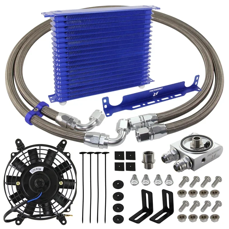 AN10 13-15Row Aluminum Japanese Oil Cooler Kit w/ Bracket Kit Thermostatic 73±0.5°+7'' Electric Fan Universal