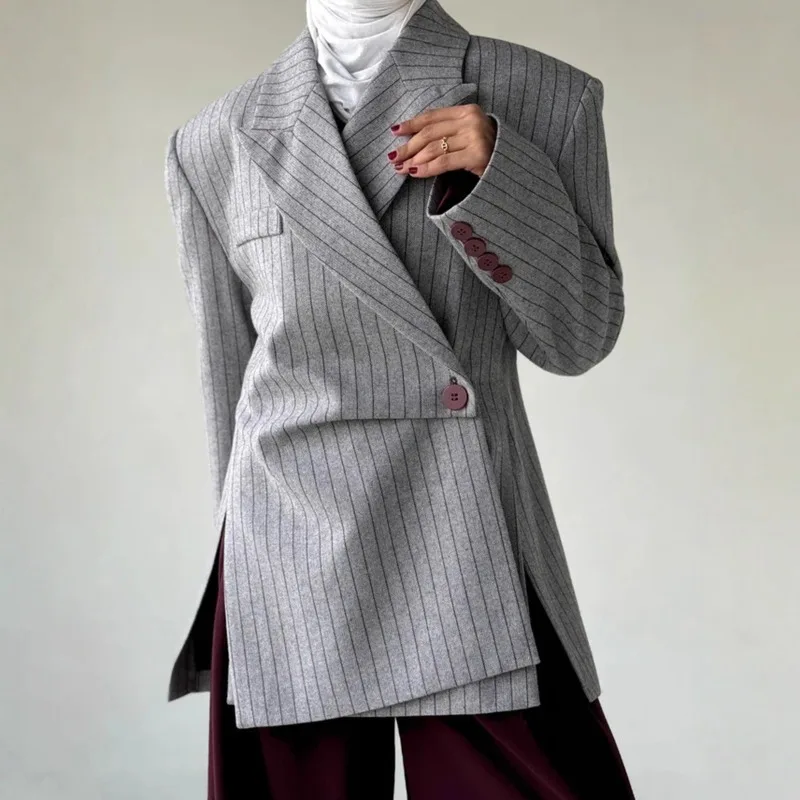 

Autumn New Irregular Design Gray Striped Tops Women Lapels Waist-cinching Long Sleeve One Button Suit Jacket Women's Clothing