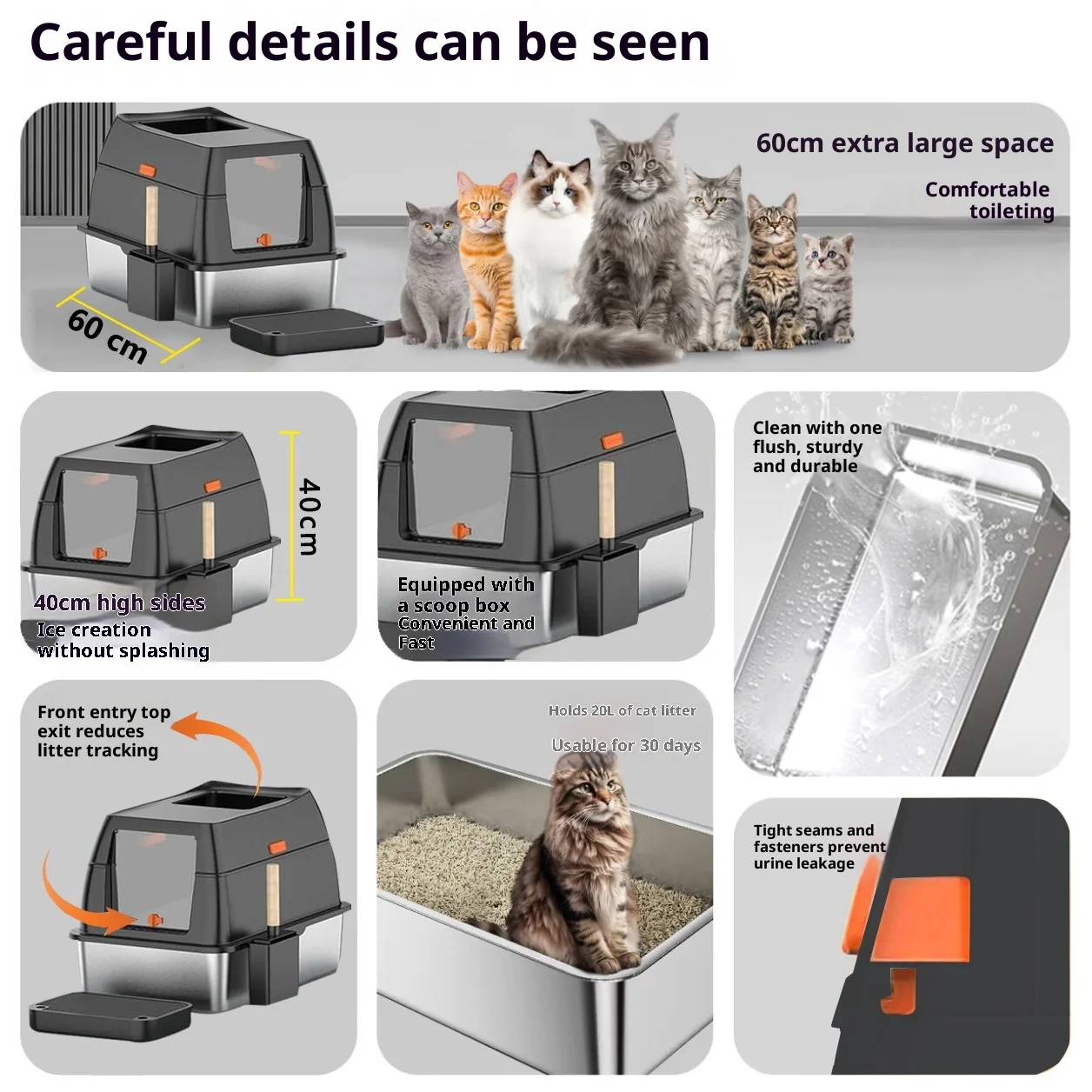 Caja de arena cerrada extra grande para gatos, inox, anti salpicaduras - imagen 3