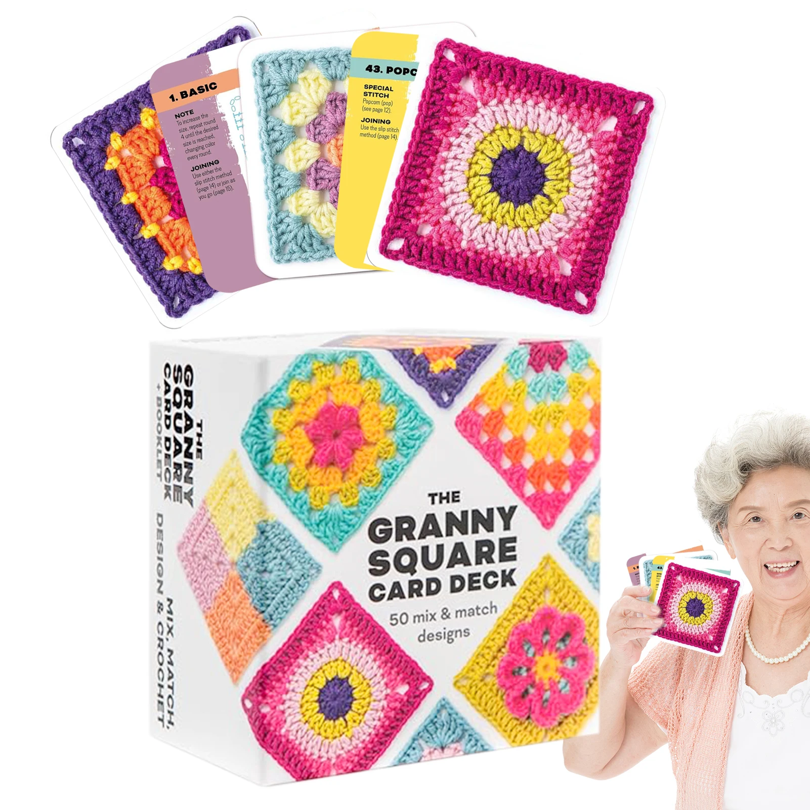 The Granny Square Card Deck - 50 Mix & Match Designs, Crochet Granny Squares Book, Crochet Kit for Beginners