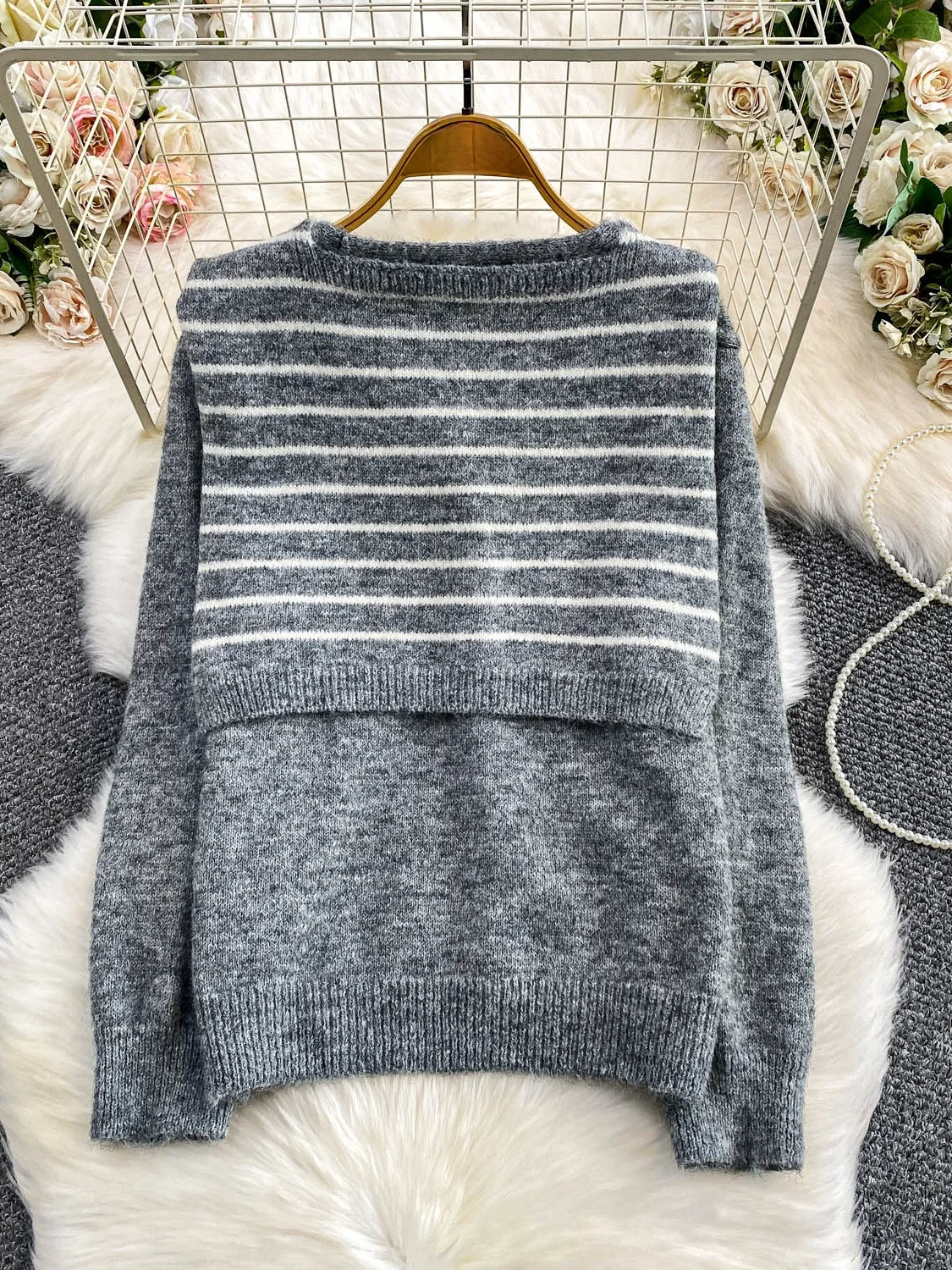 

Korean Sle Navy Collar Knitted Sweater Women's Soft Cozy Winter Outerwear Striped Long Sve Cardigan Loose Fit Daily Wear