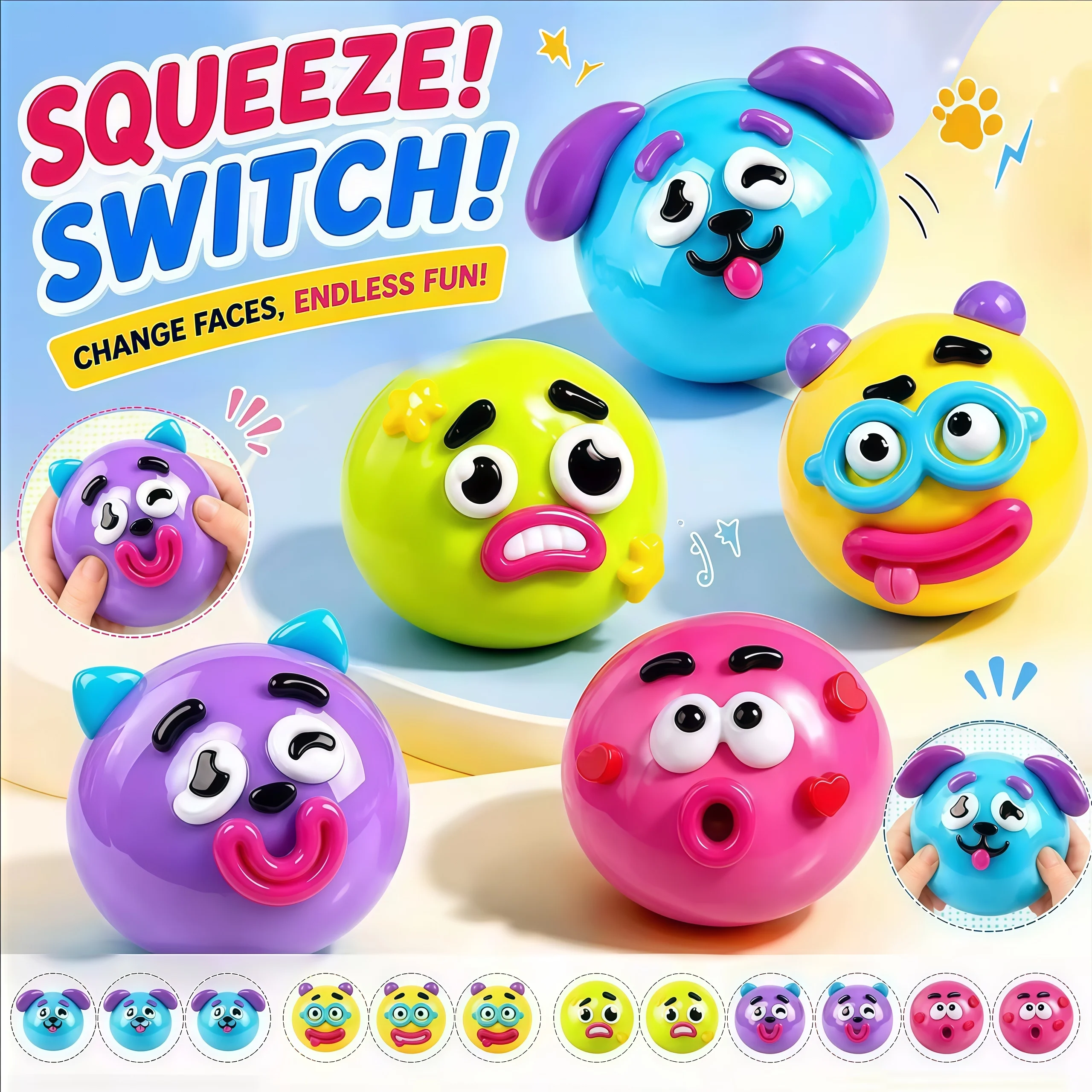 Curiosity dog face changing wet toy, soft mold cute slow rebound TPR material squeezing toy, relaxing sensory toy