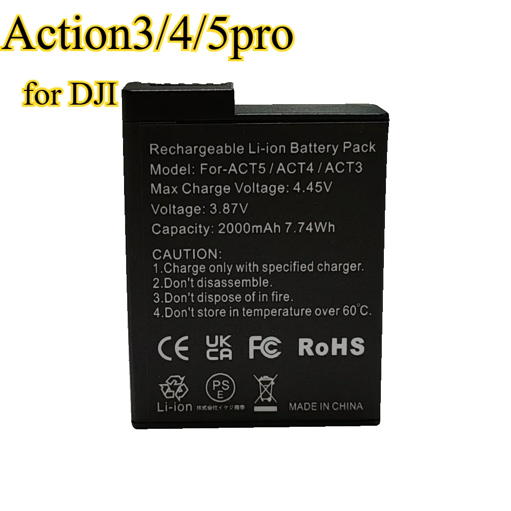 

Литиевая батарея для камеры Action3/4/5pro, 2000 мАч, подходит для аккумулятора спортивной камеры DJI ACT5 ACT4 DJI