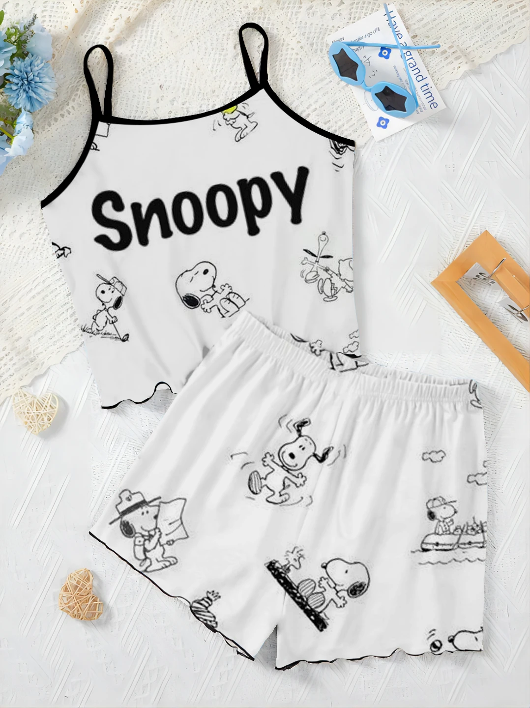 Short Sets for Women 2 Pieces Pajama Skirt T-shirt Lettuce Trim Home Dress Top Women's Suit Snoopy Elegant Summer Clothes 2024