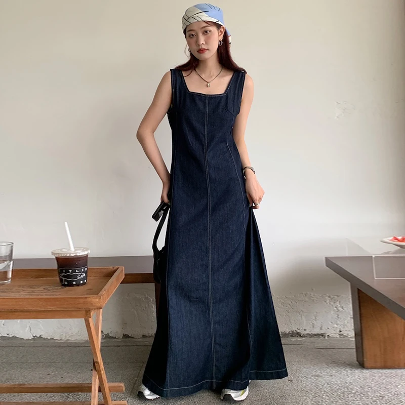 Retro Quadrat Kragen Slim Fit Weste Design Sommer Chic Denim Dr frauen Hohe Taille Langen Rock Sle Svel Koreanische faion