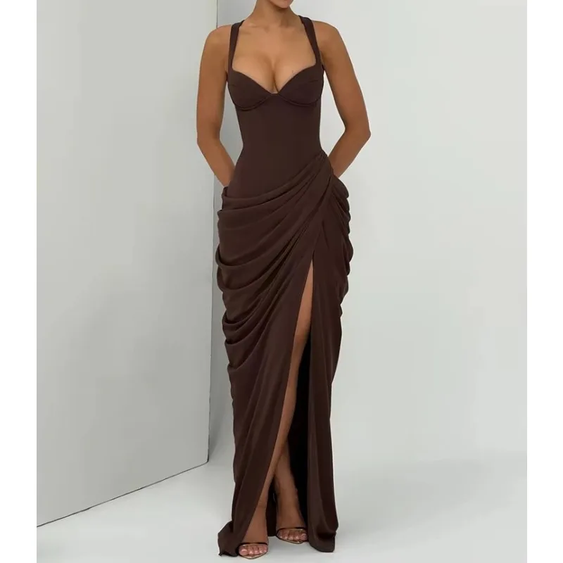 Women Sleeveless Sweetheart Neck High Split Draped Ruched Maxi Dress Wedding Guest