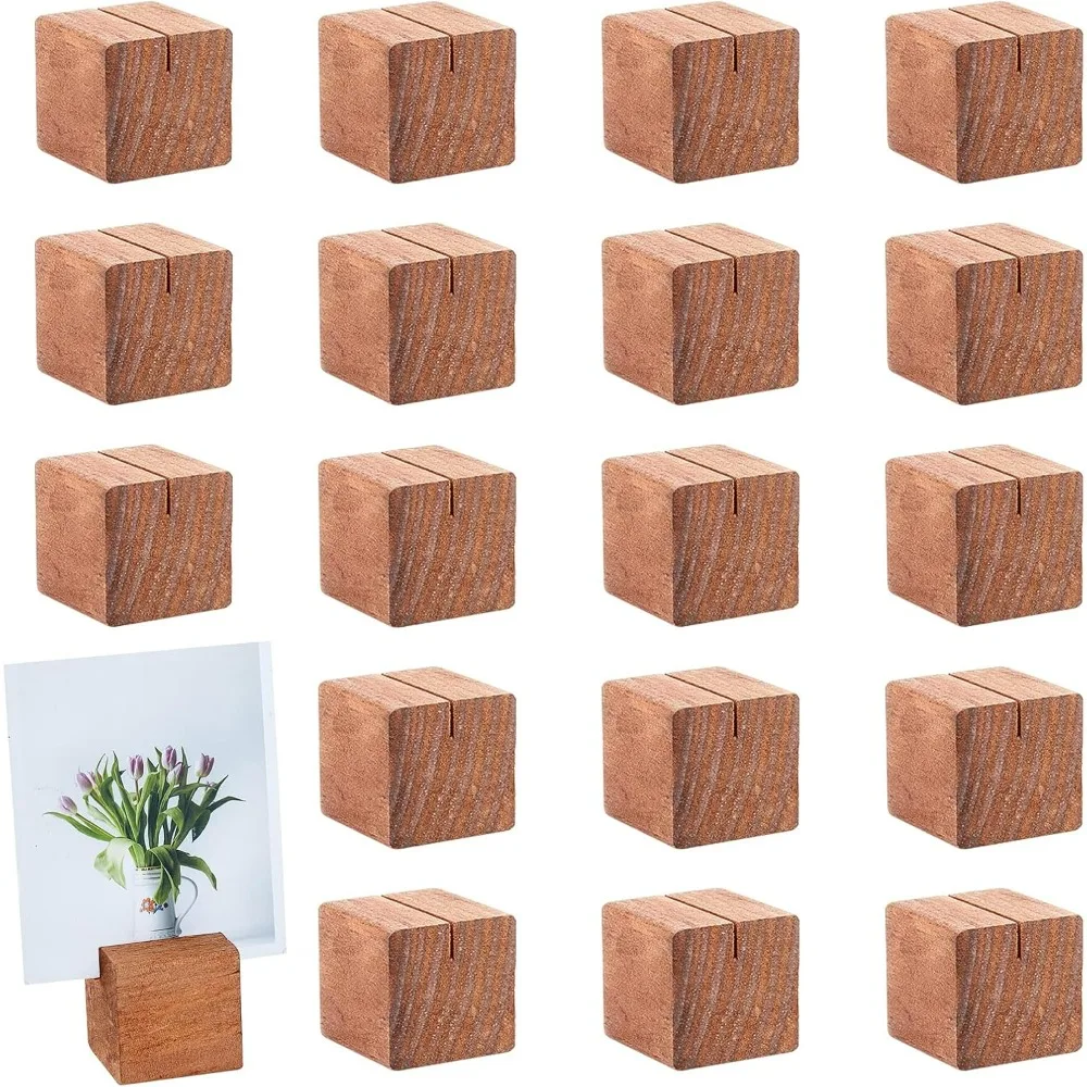 20 Pcs Wood Place Card Holders Pine Wood Table Number Stands Saddle Brown Square Table Sign Stands for Wedding Dinner Home