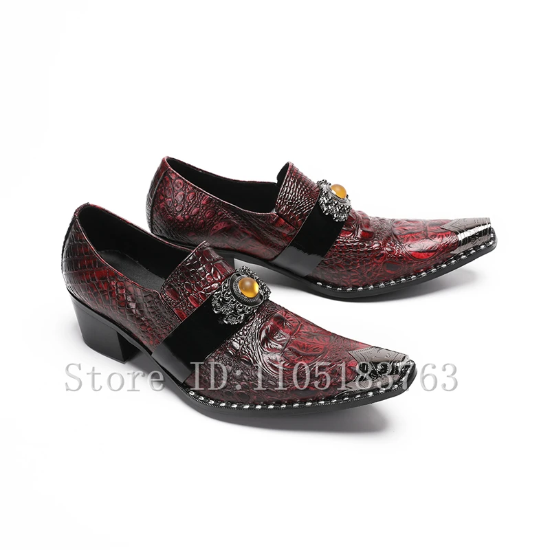 

Men's Vintage Crocodile Print Leather Dress Shoes Pointed Metal Toe Block Heel Loafer Luxury Formal Wedding Party Business Shoes