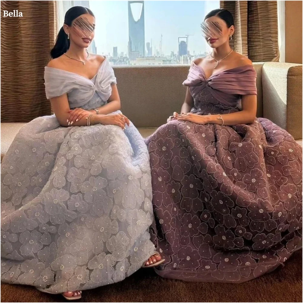 Bella Customized Flowers Lace Pearls Off the Shoulder robes de soirée A-line Strapless Party Dresses Floor-Length Prom Dress