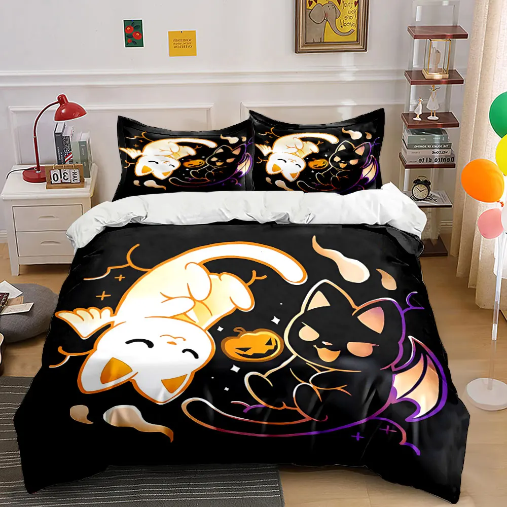 

Halloween Cat Set Decoration Design Bedding Set with 1 Duvet Cover 2 Pillowcases Single Double King Queen, Gift