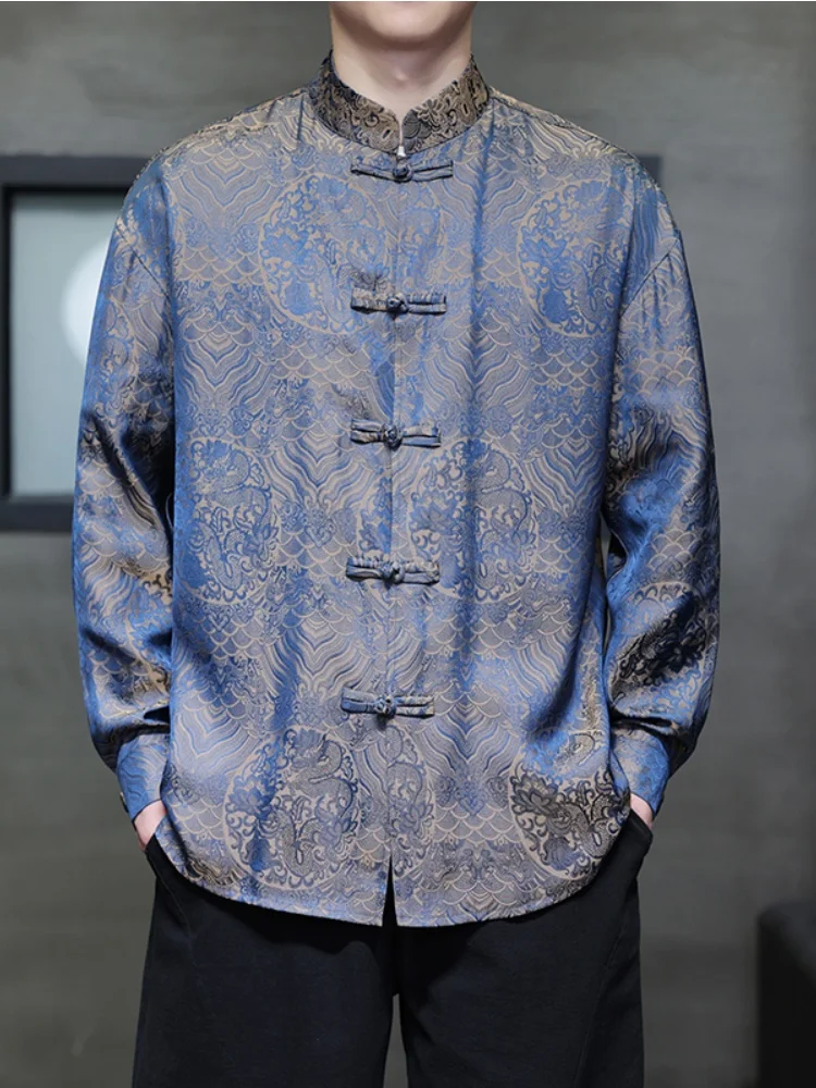 

New Chinese Style Men's Long Sleeve Shirt Coat with Button Print Design Loose Fit Autumn Winter New Arrival Outerwear Coat