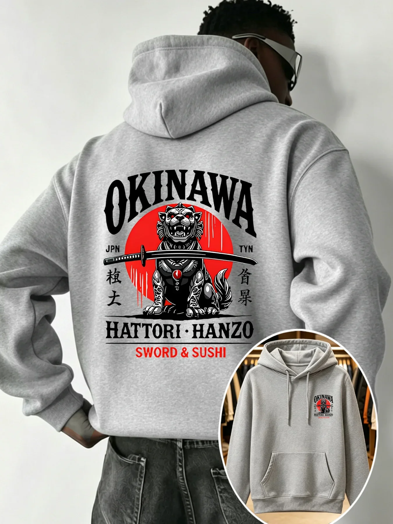 Okinawa Hattori Hanzo Shishi Lion Samurai Sword Graphic Hoodie Unisex Loose Fit Spring Autumn Hooded Sweatshirt Streetwear