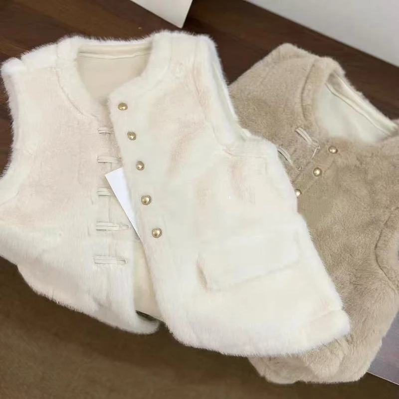 

Winter Faux Lamb Warm Vest for Women Y2K Fashion Single Breasted Casual Hairy Sleeveless Coats Korean Solid Simple Female Tank