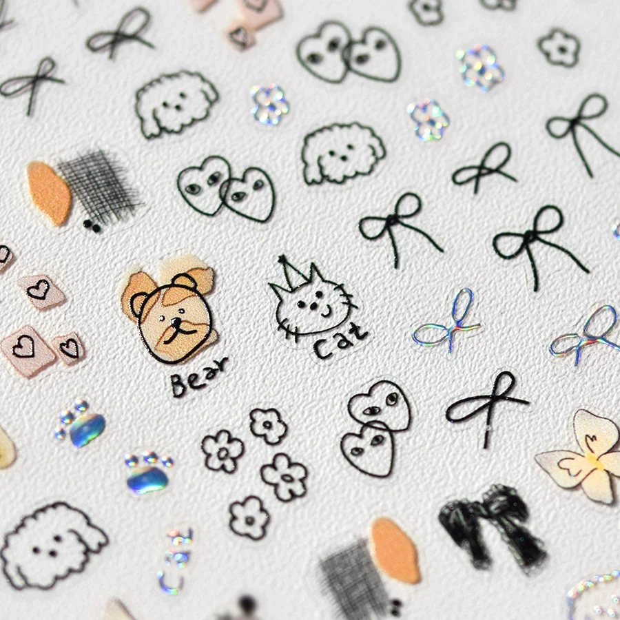 Japanese Style Cute Graffiti Cat Puppy Love Bowknot Laser 3D Self Adhesive Nail Art Stickers Lovely Manicure Decals Wholesale