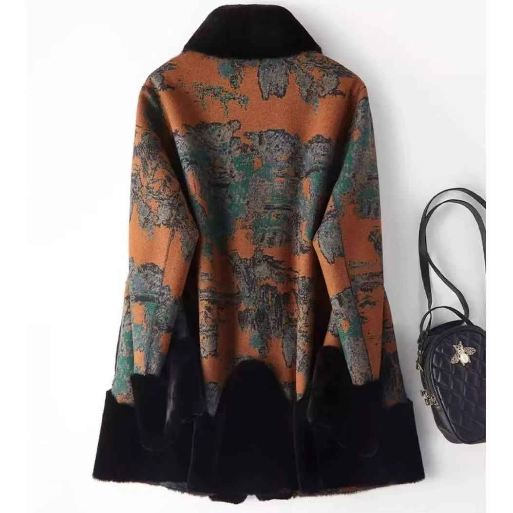 Autumn Winter New Chic Fur One-Piece Jacket Women's Overcoat Loose Printed Fur High-Quality Gold Mink Velvet Double-Sided Coat
