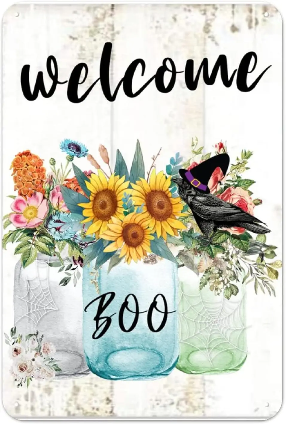 Tn Sgn Welcome Hlloween Boo Wtch Crow Metl Tn Sgn Sunflower 12x8n Horror Ghost Esy to Mount Novelty Wll Plque Decor for Lvng Roo