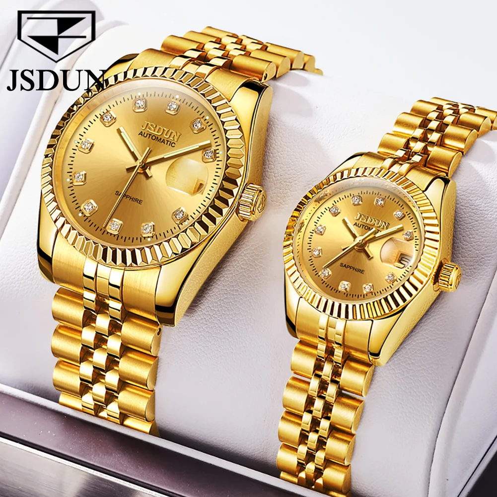 JSDUN Original Automatic Mechanical Couple Watch Luxury Diamond Golden Dial Japan Movement Lover's Wristwatch for Men and Women