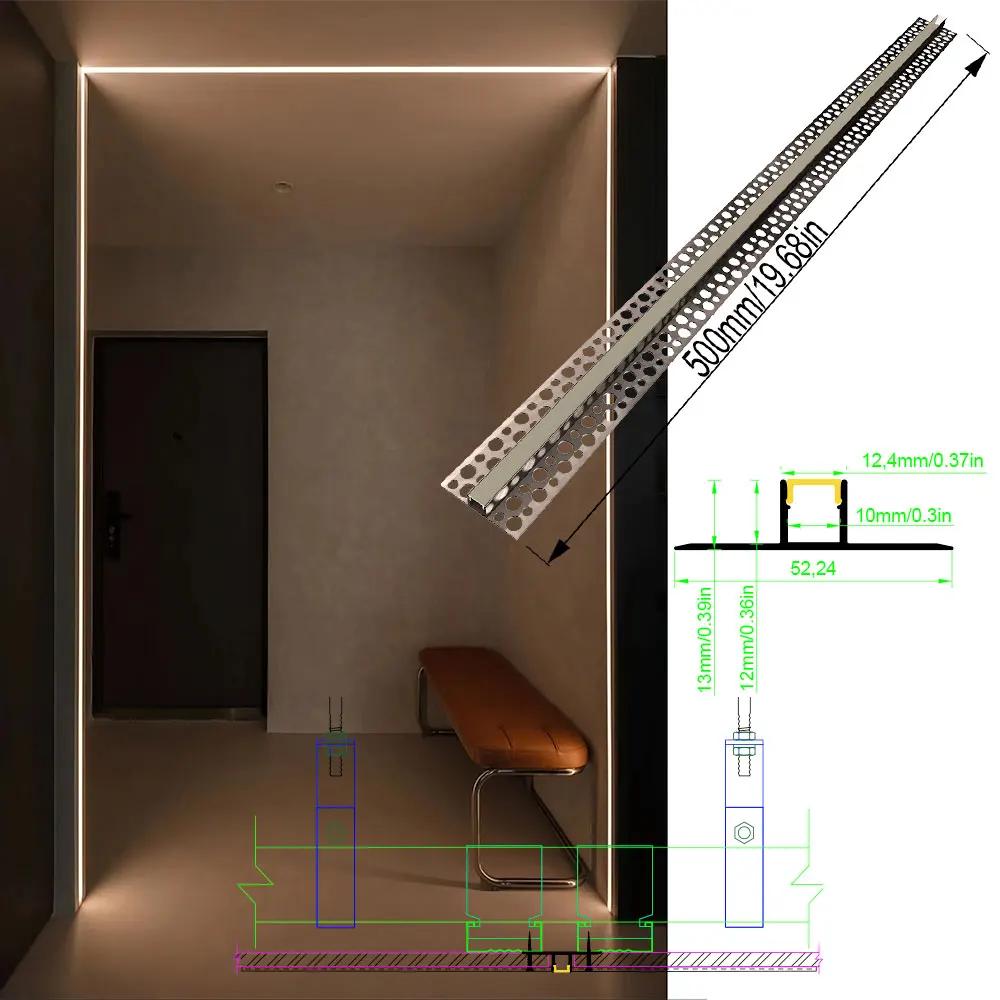 52*13mm 1pcs 0.5m LED Aluminum Profile Channel for Ceiling Wall Light Aluminium LED Strip with Milky Cover and LED Strip