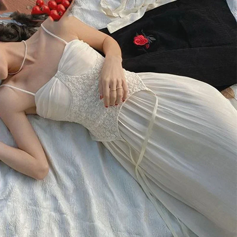 Verão novo francês chique rendas mulheres camis vestido vintage emendado alças plissadas midi vestidos harajuku elegante festa