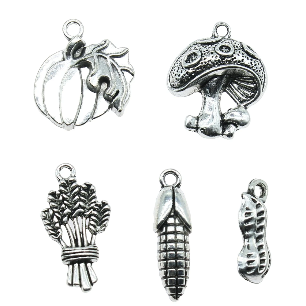 20pcs Food Charms Antique Silver Color Mushroom Charm Pendants Jewelry Accessories Pumpkin Corn Charms For Jewelry Making