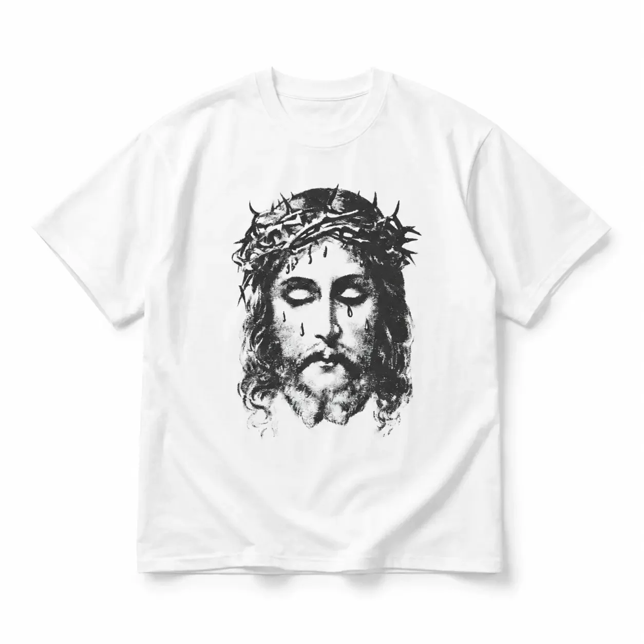 Vintage Distressed Crown Of Thorns Portrait Graphic T-Shirt, Retro Religious Art White Oversized Casual Streetwear Short Sleeve Tee