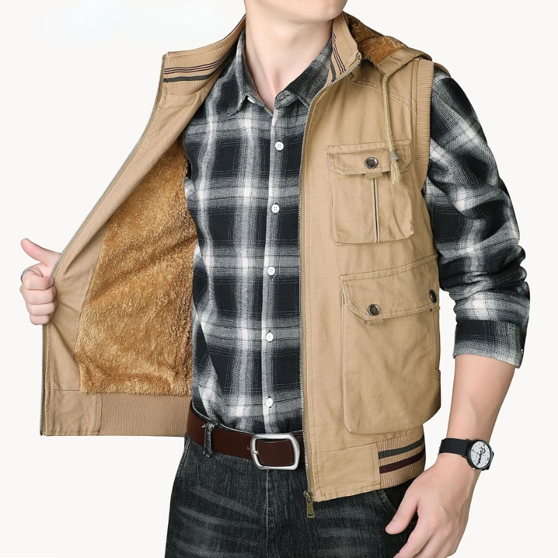 

Winter Cotton Sleeveless Jacket Men Fleece Lined Vest Zipper Warm Military Tactical Vest Multi-pocket Casual Loose Coats