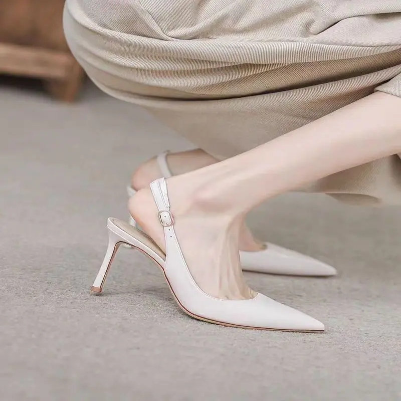 Women High Heeled Sandals Summer Fashion Pointed Toe Slingback Wedding Low Heeled Beige Comfortable High Heeled Sandals Size 43