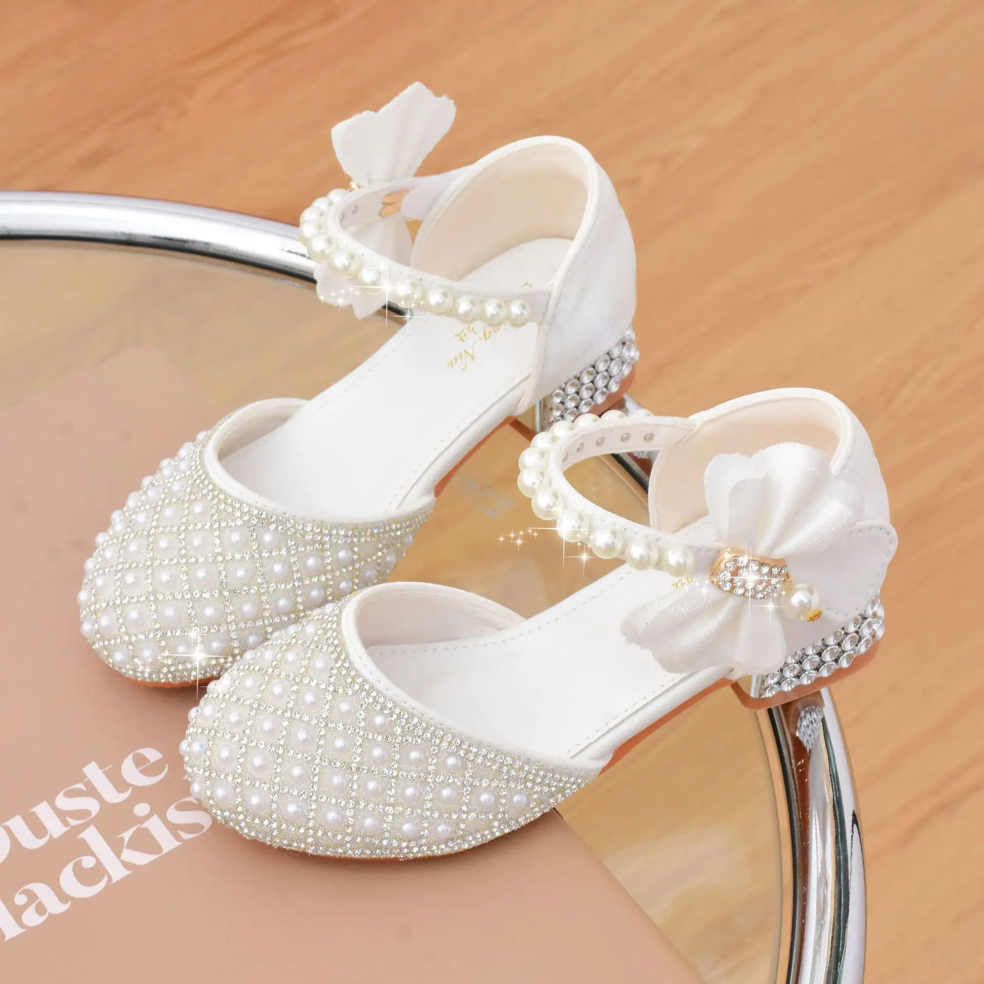 Zapatos de fiesta de princesa con diamantes de imitación para niñas, Sandalias de tacón alto con lazo de cristal brillante, zapatos de rendimiento