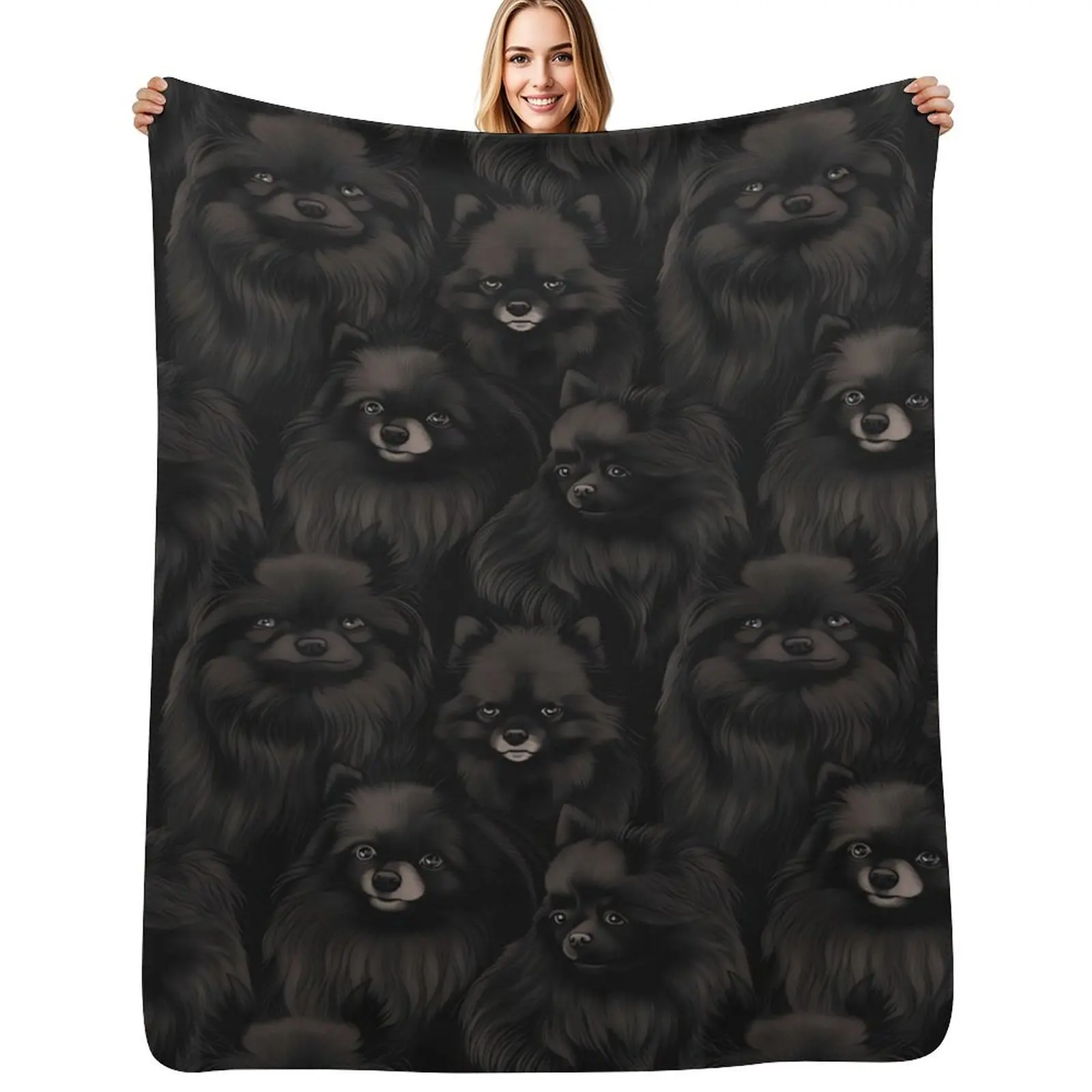 Black pomeranian design Throw Blanket Machine Washable Soft Warm Blanket