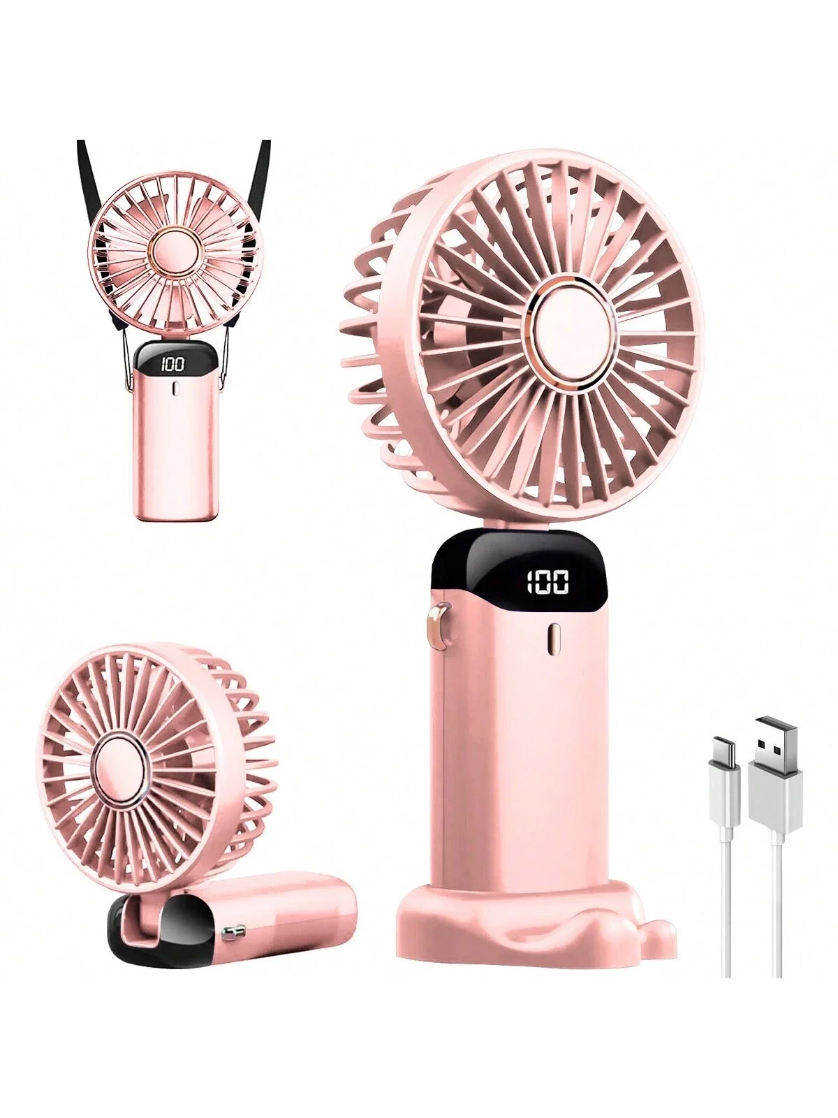 Portable Handheld Fan, Battery Operated Fan With Base, 8 Hours, Digital Display, 5 Speeds, 90° Ajustable, Rechargeable Mini Fan