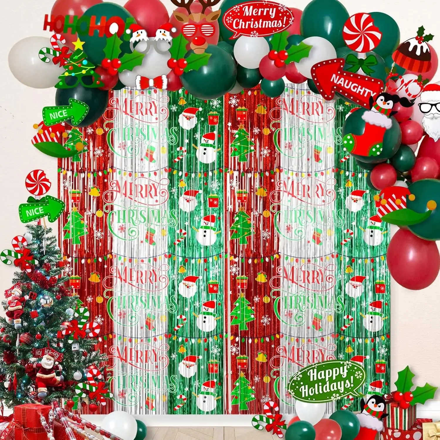 Avezano 98pcs Christmas Foil Fringe Tinsel Curtain Arch Garland Backdrop