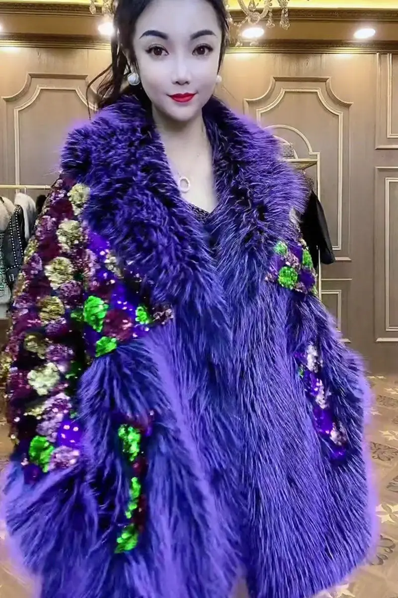 Faux Fur Coat for Women,Sequins Jacket,Covered Button Loose Long Overcoat, Thick Warm Female Clothing,New,High Quality,Winter