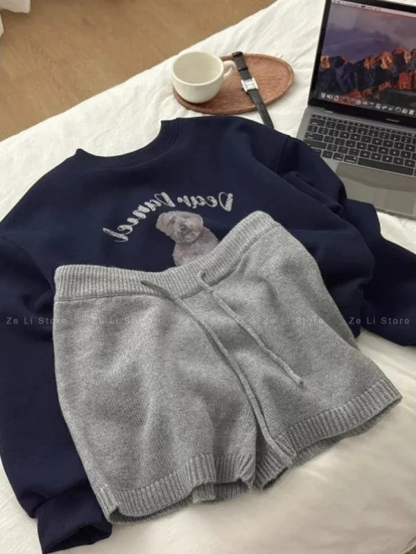 Light Grey Knitted Woolen Shorts Women's A-Line Five-Quarter Length Casual Trousers High Waist Korean Style Commute Fashion