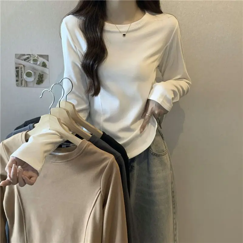 Arc Irregular Round Neck Bottoming American Long-Sleeved Women'S T-Shirt Inner Top 2024 Autumn And Winter New Clothes