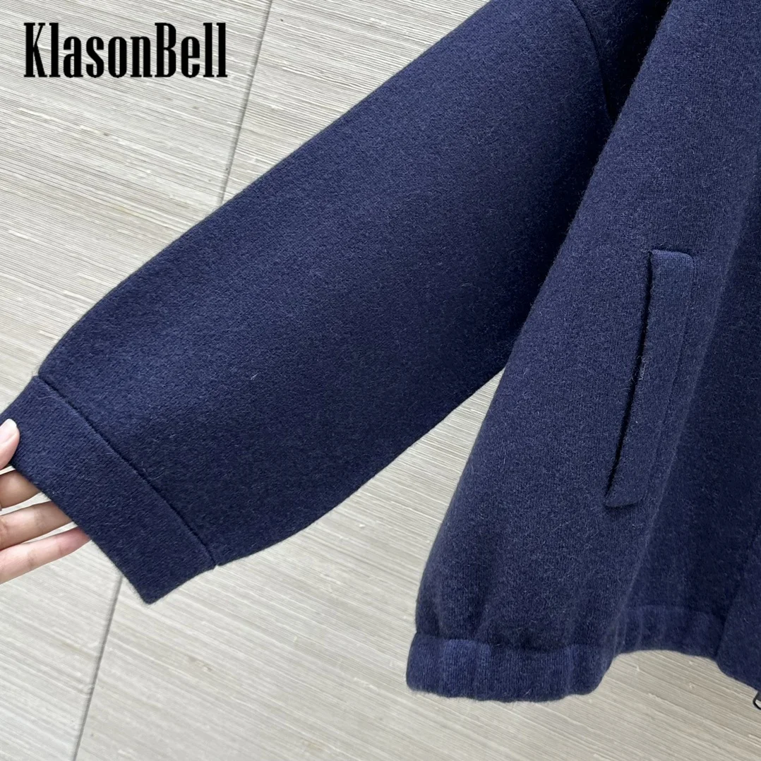 9.1 KlasonBell Women Stand Collar Drawstring Decoration Double Pocket Elastic Hem Cashmere Wool Knit Zipper Cardigan With Vest