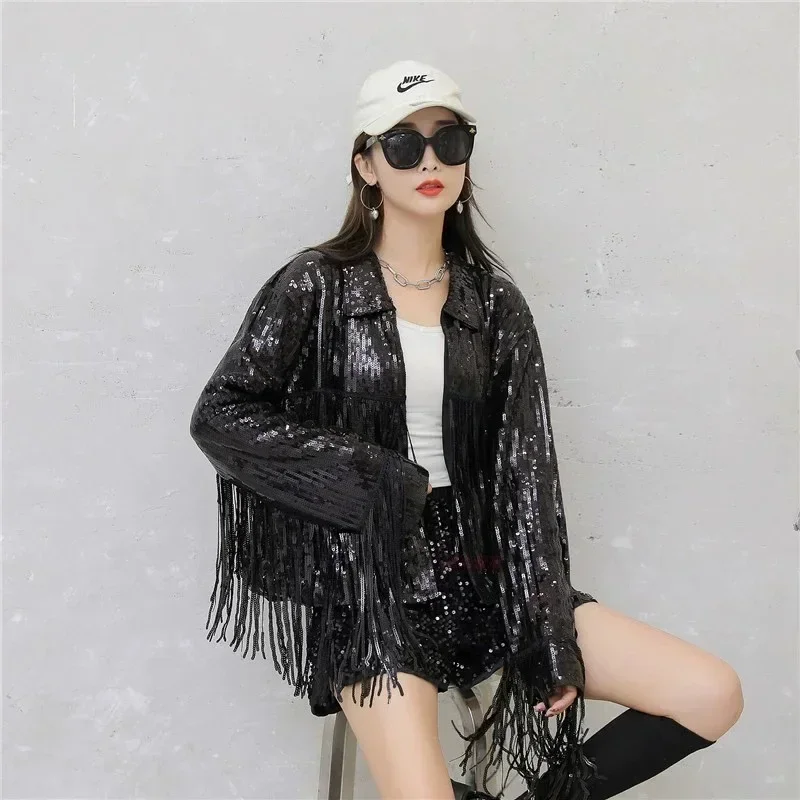 Loose Tassel Patchwork Sequin Long Sleeve Jacket Autumn And Winter Streewear Turn-Down Collar Women's Outerwear Coats