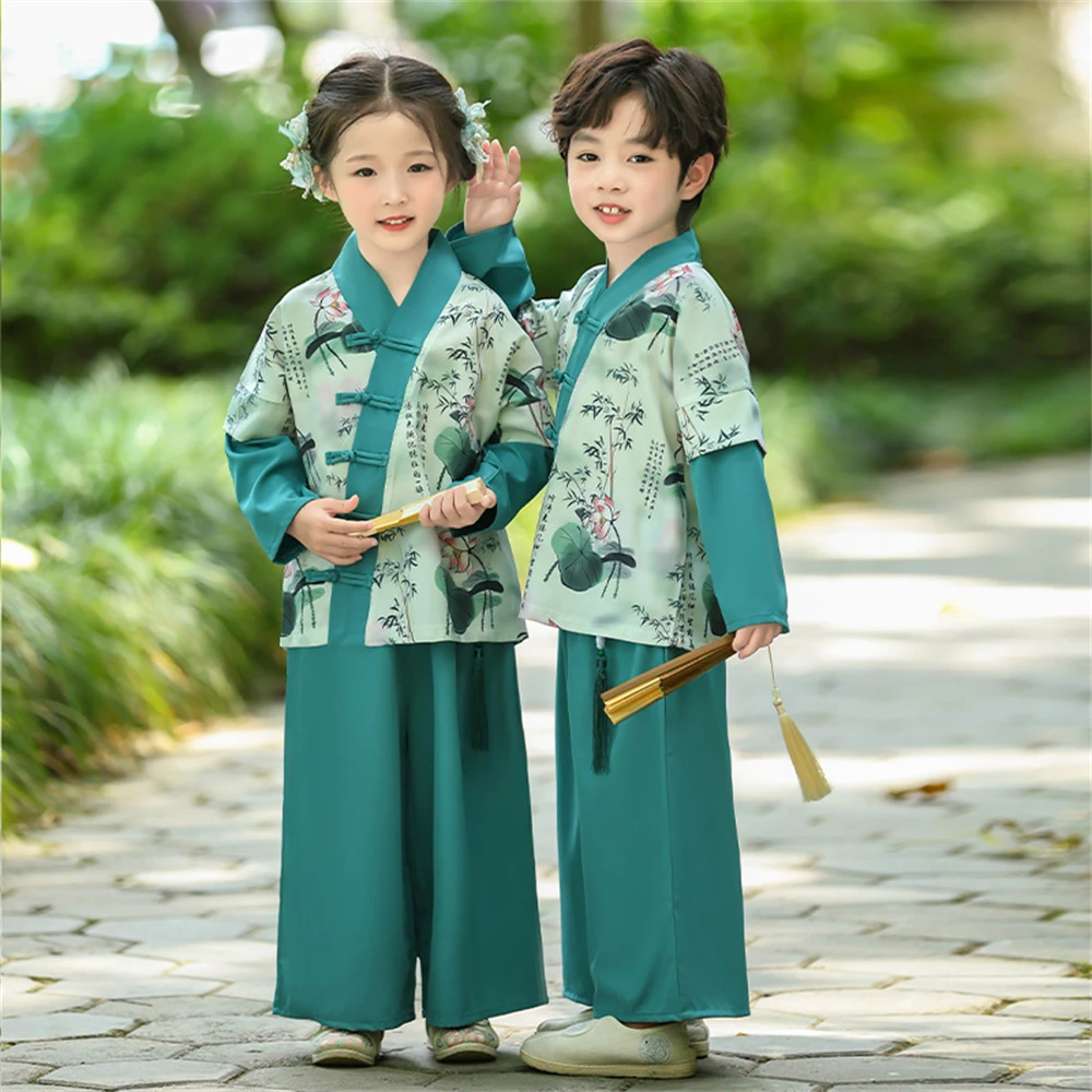 Kids Boy Girl Bamboo Leaf Lotus Print Long-sleeved Hanfu Set Spring Ancient Style Chinese Improved Tang Suit Performance Outfits