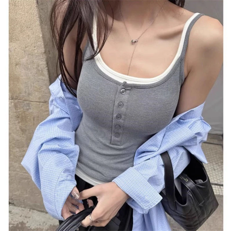 Farbblock-Spleiß-Design Zweiteiliges Damen-Camisole 2026 Sommer Neu Hot Girl Knopf-Tanktop mit Eingebauten Polstern Oberbekleidung Camis – Detail 6