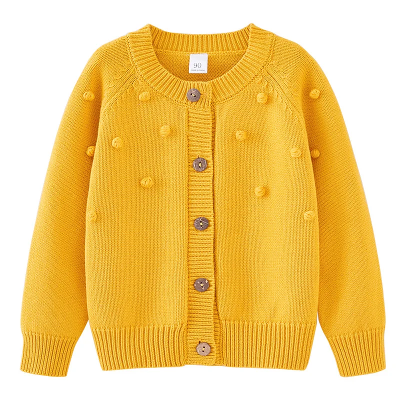 European Style Spring Autumn Girls Pure Cotton Knit Cardigan, Handmade Pom Pom Yarn Kids Outer Coat  90-160cm
