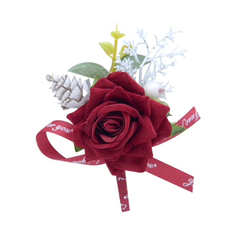 White Rose Aritifical Flowers Boutonniere con Sash Groomsmen Wedding testimone spilla damigella d'onore Party Deco accessori