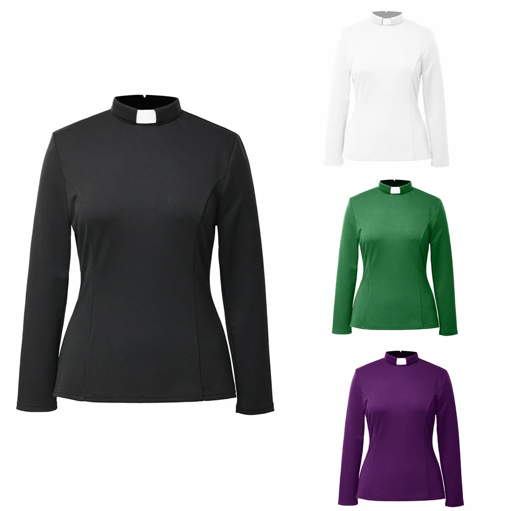 Black Clergy Shirts Women Roman Tab Collar Pastor Cleric Preacher Minister Priest Costume Clerical Uniform Blouse