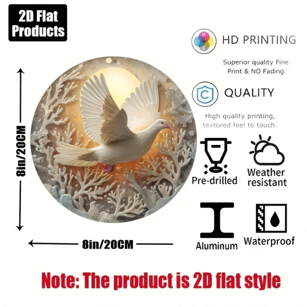 3D Relief White Dove Coral Moon Pattern Round Metal Tin Sign Wall Decor For Home Garden Art Plaque