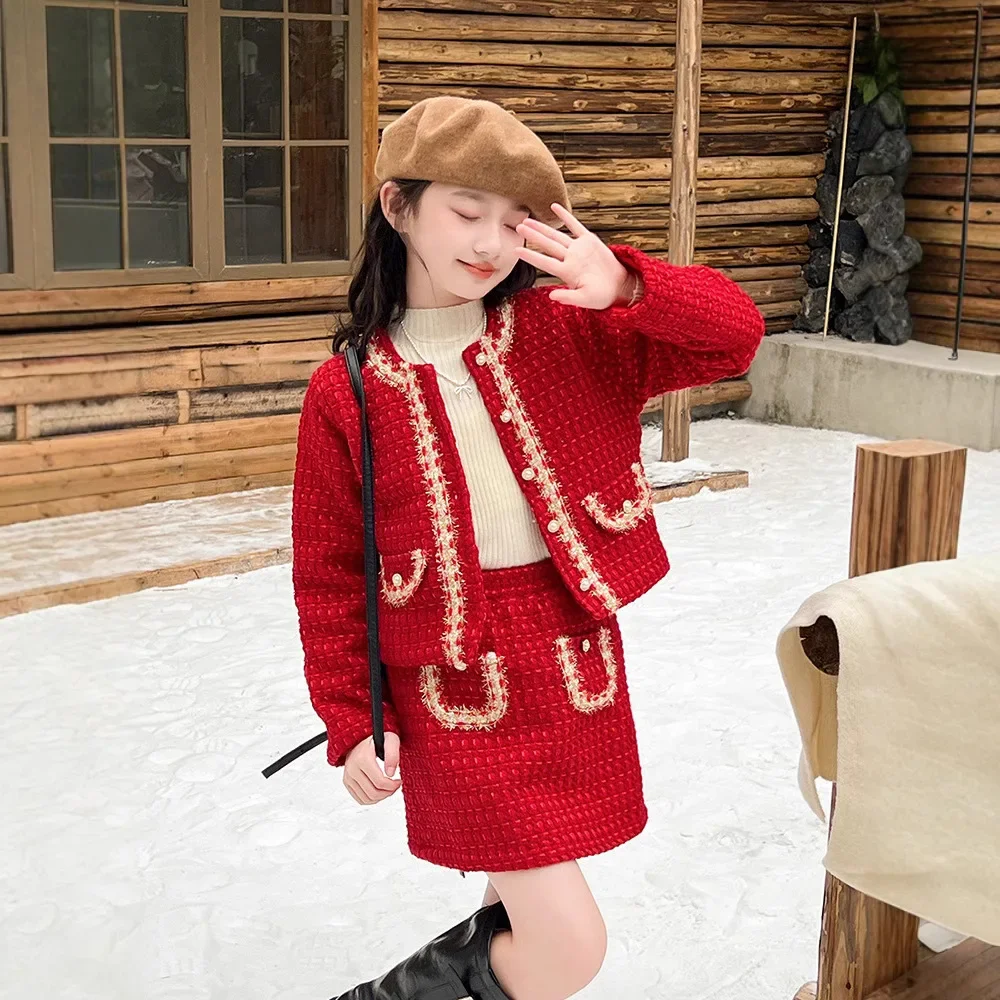 Girls Suit 2024 Winter New Childrens Clothing Korean Baby Girl Foreign Air Clip Cotton Red Chanels Style Two-piece Set