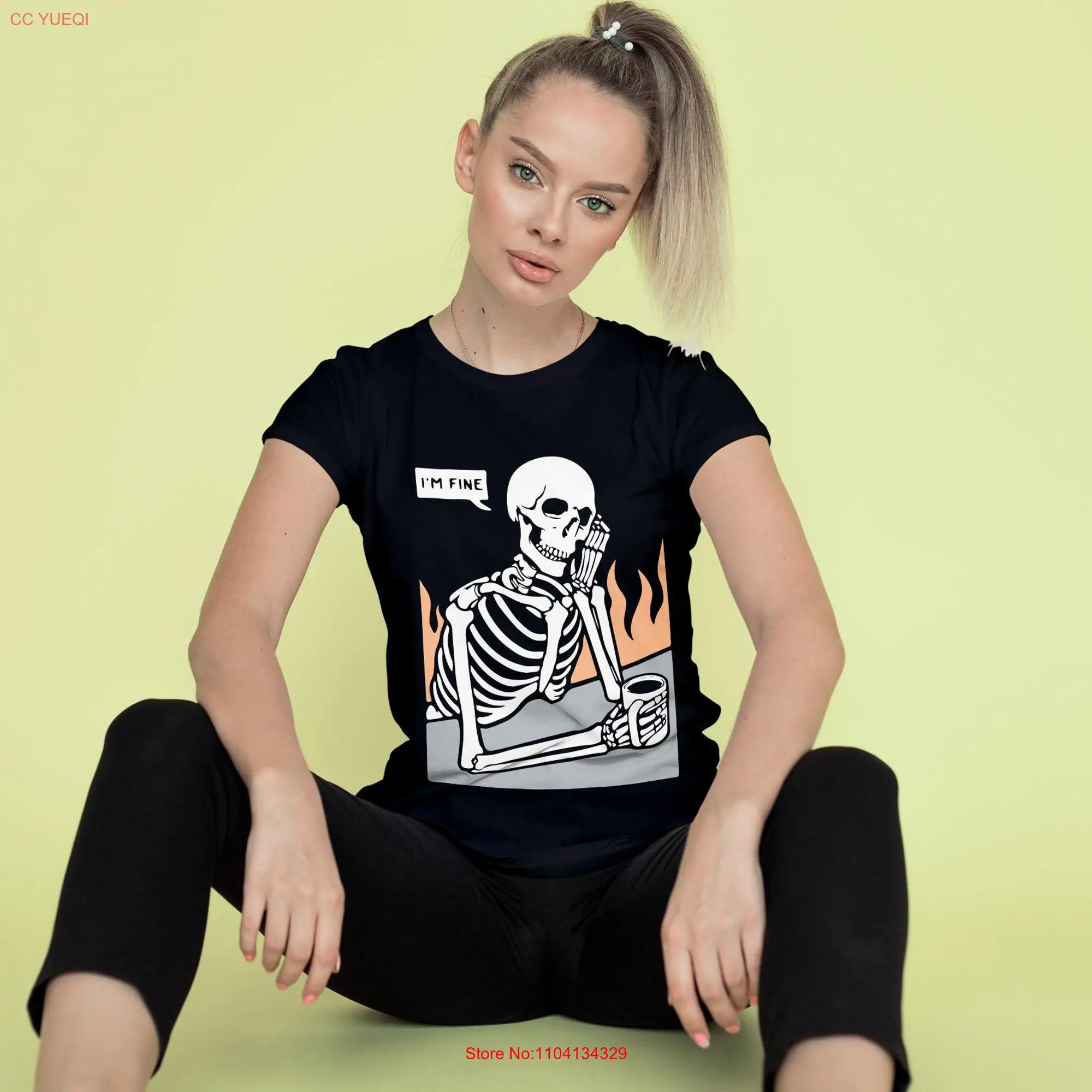 I Am Fine T Shirt Funny Skelton Sarcastic Skull Happy long or short sleeves