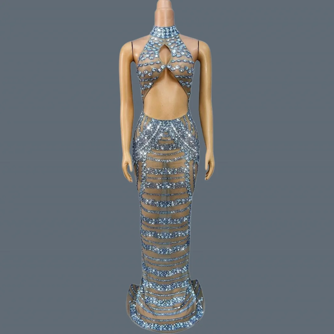 

Sparkly Crystals See Through Mesh Long Dress Elegant Nightclub Celebrate Evening Prom Gown Wedding Formal Long Dresses Lianxing