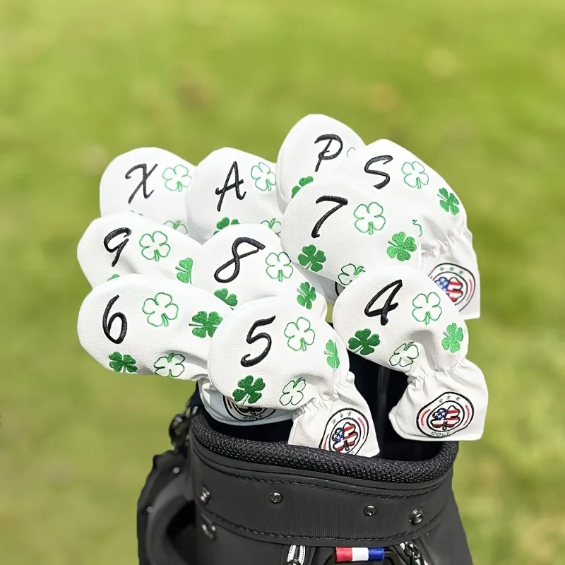 Lucky Clover Embroidered PU Golf Iron Head Covers Set - 10pcs, Durable Club Protectors with Secure Closure, Long Neck Design