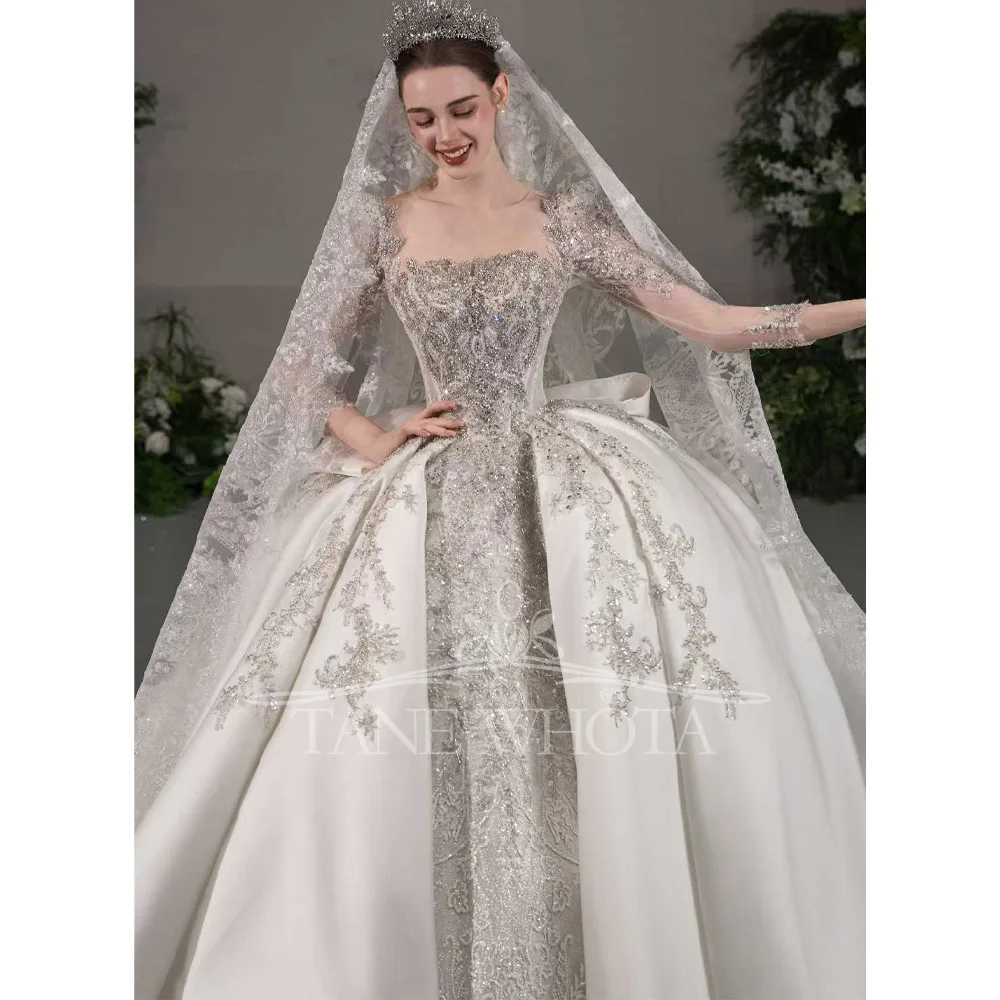 Luxury Square Collar Long Sleeve Beaded Sequins Lace Ball Gown Wedding Dress Customizable